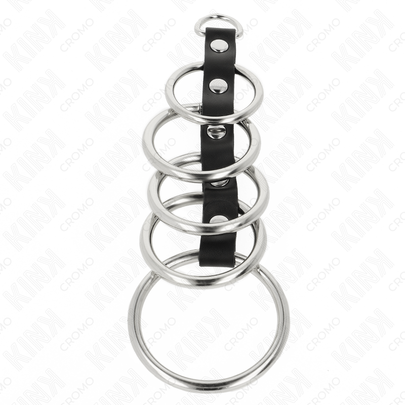 KINK - 5 ANELLI PER PENE IN METALLO DA 3,2 CM A 5 CM COLLEGATI DA PELLE - immagine 3
